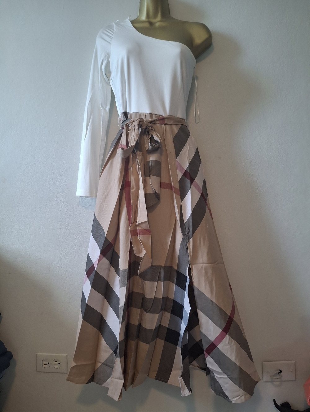 Beige Plaid Maxi Skirt with Tie Waist